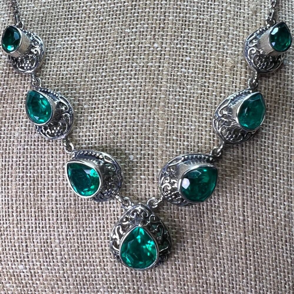 Vintage Sterling Silver Emerald Green Quartz Filigree Statement Necklace